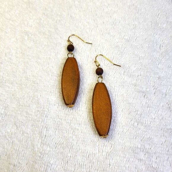 Geometric Wooden Dangle Earrings – Boho Gold Tone Statement Drops - Picture 4 of 9